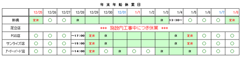 年末年始休業日の表