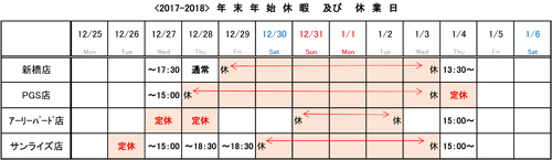 年末年始営業日の表